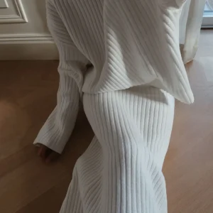 Almond White Rib Knit Sweater & Skirt Set